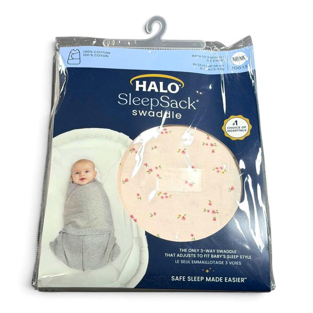 HALO SleepSack Swaddle Newborn 1.5 TOG Pink Floral 100% Cotton 3-Way Swaddle